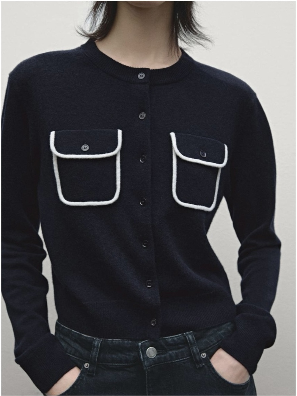 Massimo Dutti Contrast Trim Wool Cashmere Cardigan in Midnight Blue Size M